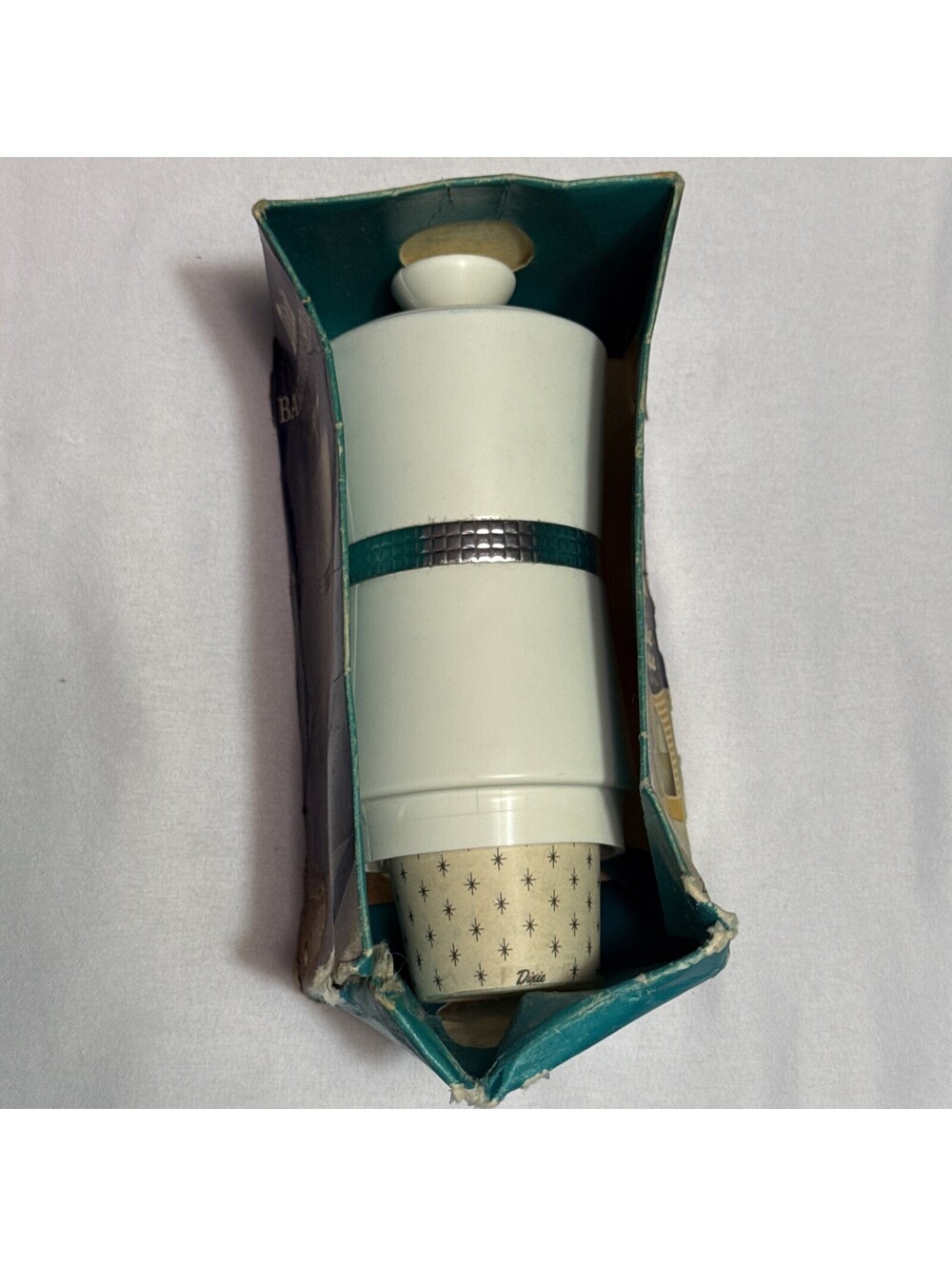 VTG Dixie Cup Holder Wall Dispenser white Chrome band STARBURST MCM (No Mount)